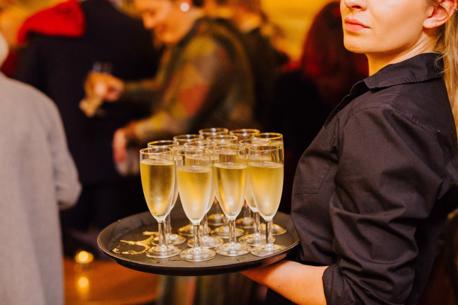 champagne on a tray at an event